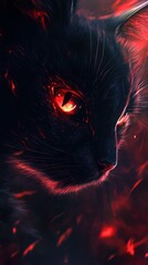 Wall Mural - cat staring intensely from shadowed background, sharp and detailed focus, mysterious and eerie atmosphere, vibrant and surreal composition