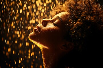 Poster - A person standing in the rain without an umbrella, looking up at the sky with water streaming down their face