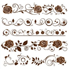 Wall Mural - A modern array of floral separators, calligraphy elements, and decorative rose silhouettes suitable for wedding invitation design and page embellishment