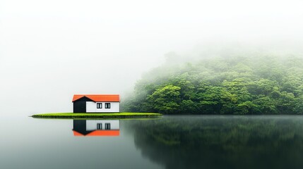 Poster -   A house perched atop an island, surrounded by water and enveloped by the lushness of a nearby forest