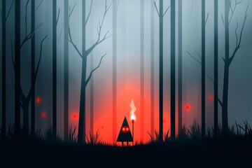 Poster - A pixel art scene of a small character walking through a dark forest, their torch casting limited light as glowing eyes peer from the shadows