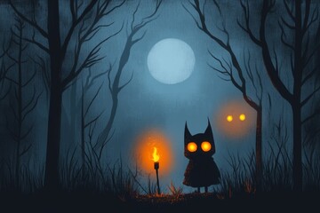 Poster - A pixel art scene of a small character walking through a dark forest, their torch casting limited light as glowing eyes peer from the shadows