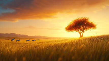 Poster -   A flock of ewes feeding in a verdant meadow beneath a majestic oak at dusk