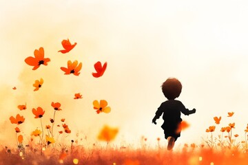 Poster - A soft watercolor painting of a field of flowers, with a child running through it, their face glowing with happiness under a warm, golden sky