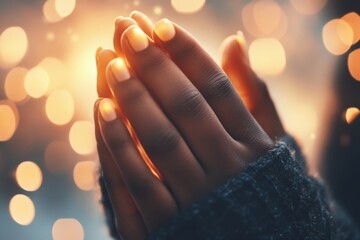 Poster - A symbolic shot of hands clasped together in prayer, with a beam of light illuminating them in a peaceful room
