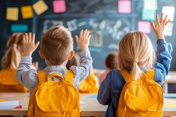 Poster - A teacher standing in a classroom, smiling warmly as students eagerly raise their hands