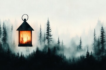Poster - A watercolor painting of a foggy forest with a lone figure holding a lantern, their light creating soft, diffused edges against the deep greens and grays
