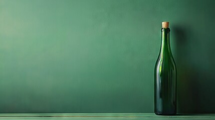 Wall Mural -   Green bottle perched on wooden table beside green wall, corked by wooden stopper