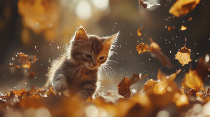 Wall Mural - Kitten in the sun. Kitten, forest, blurry, background autumn, leaves, trees, light. Autumn leaves lit up in the trees. A blurry background of trees and leaves in the forest in kitten. Lifestyle.
