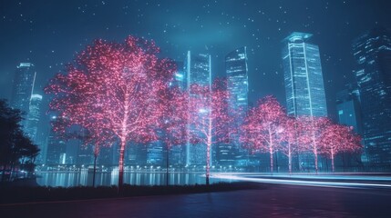 Aufkleber - glowing pink trees lighting up a futuristic cityscape at night, with vibrant light trails creating a