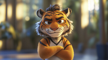 Wall Mural - Cartoon with his arms crossed. Cartoon, , blurry, background room, sports,animal. Is tiger in room of sports. Cartoon of a tiger with a tiger in a room with a background of sports. The lifestyle.