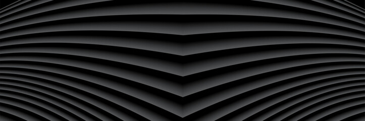 Poster - Abstract black banner with 3d lines pattern, symmertrical minimal striped pattern background for business presentation.