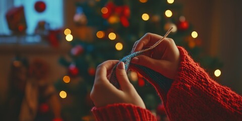 Wall Mural - Medium shot of a person knitting a holiday scarf using a Christmas-themed knitting kit, with festive decorations in the background adding to the atmosphere.