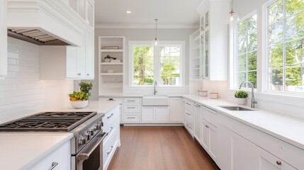 Wall Mural - Bright and Spacious Modern Kitchen with White Cabinets and Large Windows Overlooking a Green Garden