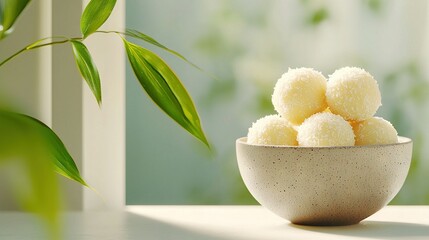 Wall Mural -   A close-up photo of a food bowl placed on a table with a nearby potted plant