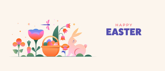Wall Mural - happy easter, modern flat design with flowers, eggs and bunnies, pastel colors