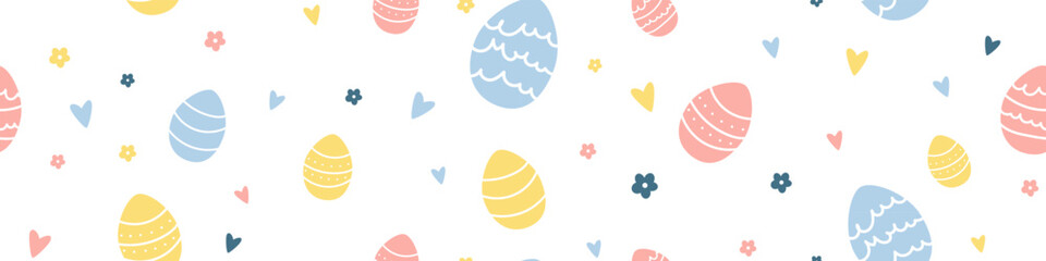Poster - Seamless pastel Easter pattern featuring decorated eggs, flowers, and hearts on a transparent background. Perfect for seasonal designs, cards, wrapping paper, and spring-inspired projects