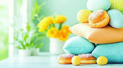 Wall Mural -   A pile of doughnuts resting on a cushion near a bouquet of blossoms