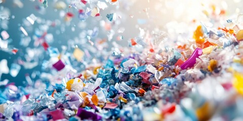 Poster - Vibrant colorful particles create a stunning abstract scene. The image features a burst of small scraps in various shades. Perfect for backgrounds and creative projects. AI