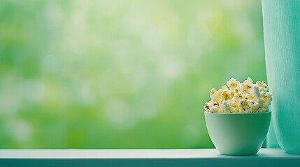 Wall Mural -   A green curtain and a window sill frame a bowl of popcorn