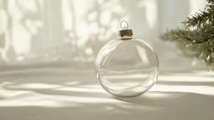 Wall Mural - Crystal-clear glass Christmas ornament resting on a soft white background, festive and minimalistic