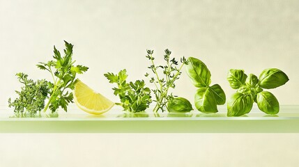 Wall Mural -   A cluster of herbs resting atop a counter alongside a lemon wedge and a verdant potted plant