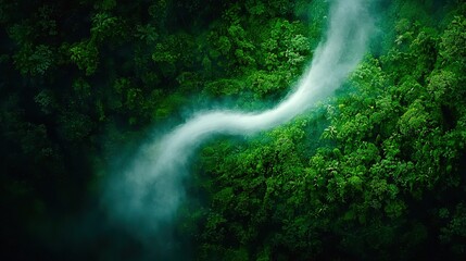 Wall Mural -   A stunning aerial shot of a vibrant green forest featuring a clear path of white leading through its heart, bathed in midday sun