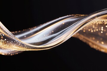 Poster - Abstract golden particles flowing and sparkling through a transparent wavy surface, creating a mesmerizing visual effect on a black background