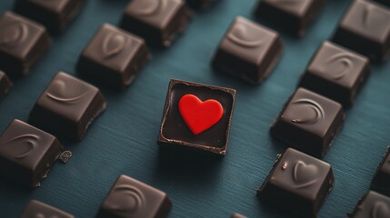 Wall Mural -   A chocolate heart atop a row of smaller chocolates on a blue surface