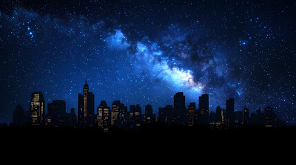 Wall Mural - City skyline silhouette under a starry night sky with the milky way galaxy glowing brightly in the background. Stellar Horizon. Illustration