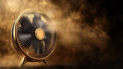 Vintage-inspired gold fan in an artistic composition against a smoky background, capturing motion and elegance in a warm, atmospheric setting