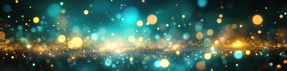 Fototapete - Ethereal Teal and Gold Bokeh Lights Shimmering Abstract Background