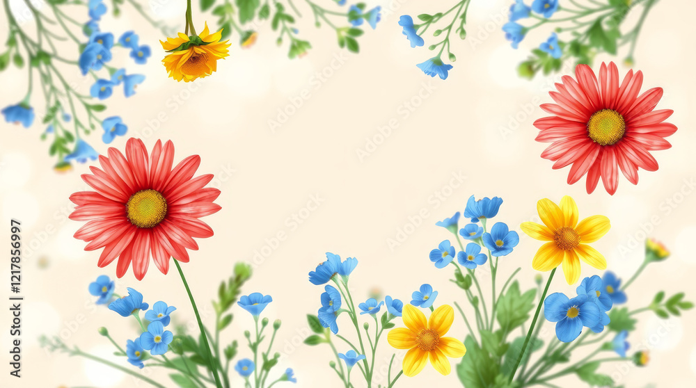  Colorful floral watercolor illustration in bright shades with space for text, decorative art.