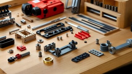 Aufkleber - Various mechanical parts, both plastic and metal, are meticulously arranged on a wooden workbench, suggesting ongoing engineering or repair work in a workshop environment
