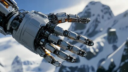 Poster - Highly detailed robotic arm, with glowing orange lights, extends its metallic fingers over a blurred snowy mountain landscape, showcasing the integration of technology and nature