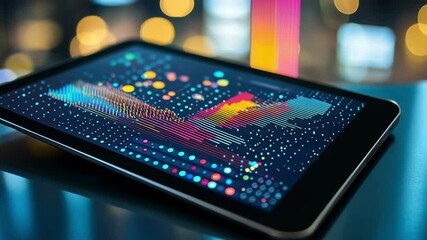 Poster - futuristic digital tablet showcasing colorful statistics, charts, and data visualizations against a 