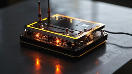 Aufkleber - Quantum computer with orange neon lights and antennas is working on a dark surface with visible reflections, representing advanced computing, quantum mechanics, and technological innovation