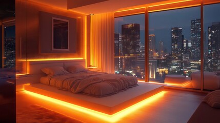 Poster - Luxurious Modern Bedroom With City View And Warm Lighting