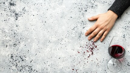 Wall Mural -   A person's hand holding a glass of red wine on a concrete surface