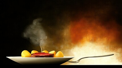 Leinwandbilder -   A dish on a table with a spoon and liquid spilling from it