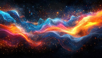 Poster - Dynamic cloud computing concept with vivid colors and digital elements, illustrating the fluid nature data flow and technology innovation
