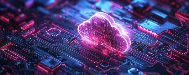 Poster - A cloud computing icon floating above a detailed circuit board, symbolizing integrated technology and data storage