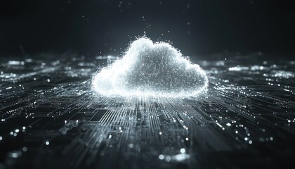Poster - Abstract cloud computing icon with soft white lighting over digital circuits, merging art with technology