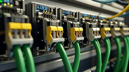 Aufkleber - green network cables connecting to router ports, transmitting data through the network within a serv