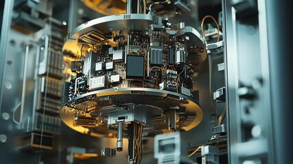 Aufkleber - Quantum computing core processing data, illuminating surrounding complex circuitry and components within advanced technological server room, showcasing intricate connections and futuristic design