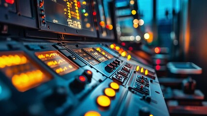 Poster - illuminated control panel with buttons, switches, and digital screens displaying information, creati