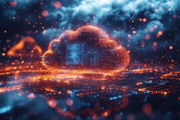 Poster - Conceptual cloud computing focus with cybernetic elements and server connectivity icons, representing robust data security