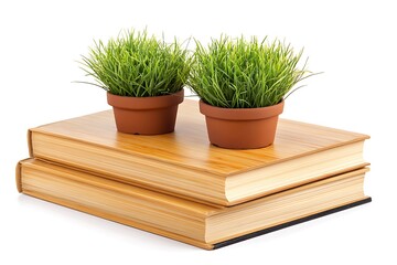 Wall Mural - Green Grass in Pots on Books - A Simple and Natural Home Decor