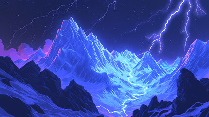 Wall Mural - A dramatic scene of towering mountain peaks illuminated by bolts of lightning, creating a striking contrast of light and dark. Thunder Peaks. Illustration