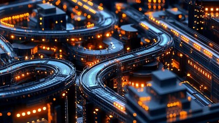 Poster - Complex network of glowing roads winding through a futuristic cityscape at night, creating a mesmerizing scene of urban development and advanced technology